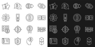 Set hattı Blockchain teknolojisi, Video grafik kartı, Kripto para birimi bitcoin, Bitcoin, USB flash disk, Piggy Bank ve simge. Vektör