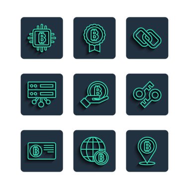 Hat kredi kartını bitcoin, Globe Bitcoin, Chain link, Hand holding, Sunucu, CPU madencilik çiftliği ve Cryptocurrency anahtar simgesi ile ayarla. Vektör