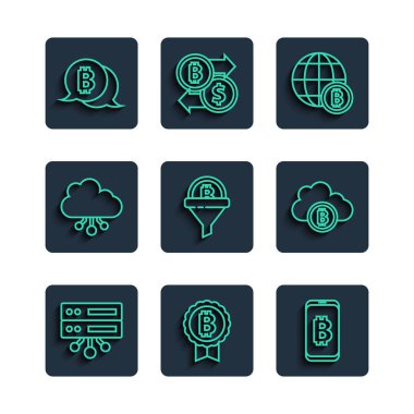 Hat sunucusu, Bitcoin, cep telefonundan madencilik bitcoin, Globe, satış hunisi, Cryptocurrency bulut madenciliği ve ikon. Vektör