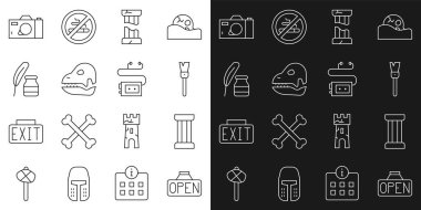 Açık, Eskiler sütunu, boya fırçası, kırık antik, dinozor kafatası, tüy ve mürekkep, fotoğraf makinesi ve müze ses kılavuzu ikonu ile çizgi asma işareti. Vektör