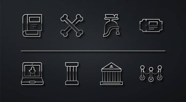 Tarih kitabı, Çevrimiçi Müze bileti, bina, Eskiler sütunu, çapraz insan kemikleri, ip bariyeri ve Roma ordu miğferi ikonu. Vektör