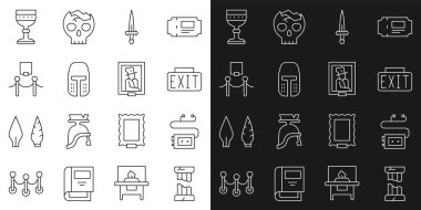 Kırık kadim kolon, müze ses rehberi, çıkış işareti, hançer, ortaçağ demir miğferi, resim ve ip bariyeri, müze simgesinde kadeh ve portre. Vektör