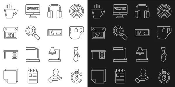 Set line Time is money, Tie, Cup of tea with tea bag, Headphones, Magnifying glass for search people, Calendar, Coffee cup and Shelf books icon. Vector — Stock Vector