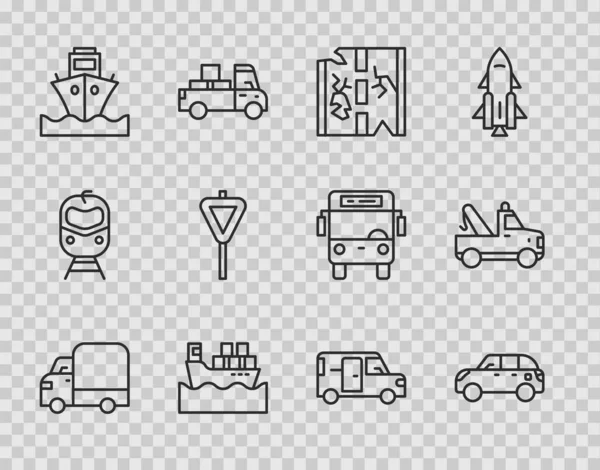 Set line Delivery cargo truck, Hatchback, Broken road, Cargo ship with boxes, Road traffic signpost, Minibus and Tow icon. Vector — Stock Vector