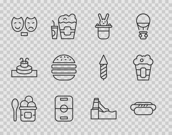 Set line IJs in kom, Hotdog, Magician hoed en konijn, Hockey tafel, Komedie tragedie maskers, Burger, Waterglijbaan en Popcorn box icoon. Vector — Stockvector