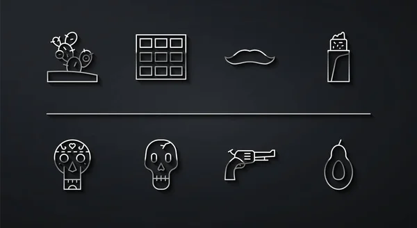 Set line Cactus, crâne mexicain, Burrito, revolver gun, crâne, barre de chocolat, avocat et moustache icône. Vecteur — Image vectorielle