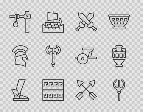 Set linea sandalo Hermes, Nettuno Tridente, Spada medievale incrociata, modello greco antico, forca, ascia medievale, frecce e anfore icona. Vettore — Vettoriale Stock