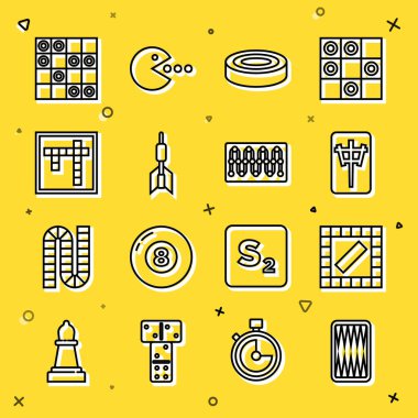 Satır çizgisi tavla tahtası, tahta oyunu, Mahjong parçaları, Checker çipleri, Dart oku, Bingo, dama ve simge. Vektör