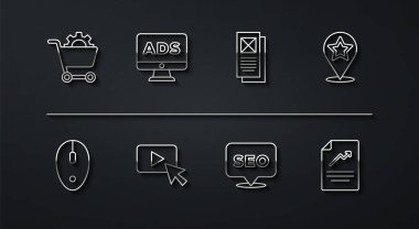 Satır alışveriş arabası, Bilgisayar faresi, yıldız haritası, SEO optimizasyonu, Reklam, Belge grafik çizelgesi ve Tarayıcı pencere simgesini ayarla. Vektör