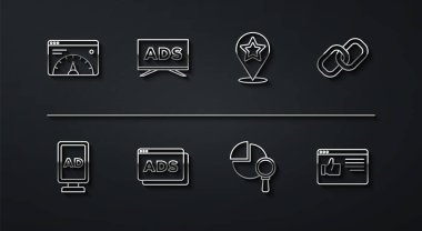 Satır web sitesi istatistiği, Reklamcılık, Zincir bağlantısı, Büyüteç ve Analiz, Tarayıcı penceresi ve yıldız simgesiyle Harita işaretleyicisini ayarla. Vektör