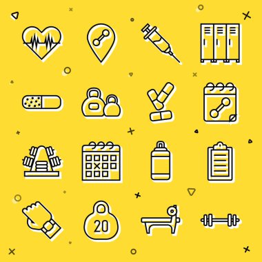 Barbell hattı, spor eğitim programı, takvim fitness, Doping şırıngası, Kettlebell, vitamin hapı, kalp atış hızı ve ikon. Vektör