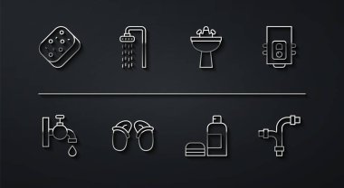 Sünger, su musluğu, gaz kazanları, şampuan şişesi, parmak arası terlikler, duş, endüstriyel metal boru ve su ikonlu lavabo. Vektör