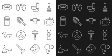 Saç kurutma makinesi, elbise tokası, sabun, klozet, saç fırçası, çöp tenekesi, tıraş bıçağı ve kağıt rulo ikonu. Vektör