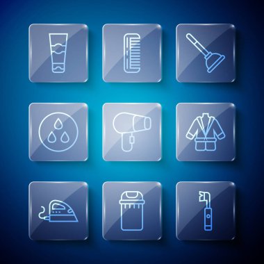 Elektrik hattı, çöp tenekesi, diş fırçası, lastik pompa, saç kurutma makinesi, su damlası, diş macunu tüpü ve bornoz ikonu. Vektör