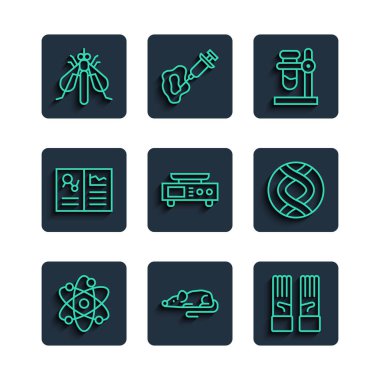 Satır Atom, deneysel fare, tıbbi lastik eldivenler, deney tüpü matarası, elektronik ölçekler, klinik kayıt, böcek ve DNA sembolü ikonu. Vektör