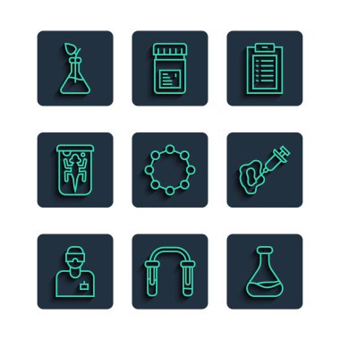 Set hattı laboratuvar asistanı, test tüpü ve matarası, klinik kayıt, kimyasal formül, deneysel hayvan, bitki yetiştirme ve şırınga ikonu. Vektör