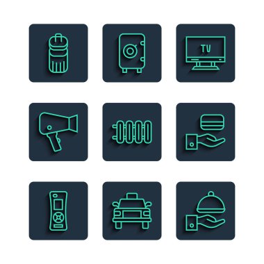 Hat kontrolü, taksi arabası, tepsiyle kaplı, akıllı televizyon, ısıtma radyatörü, saç kurutma makinesi, çöp kutusu ve dijital kapı kilidi ikonu. Vektör