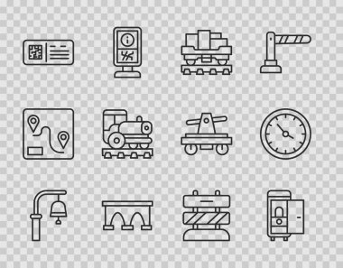 Tren istasyonu zilini, tren vagonunu, yük vagonunu, köprüyü, QR biletini, klasik lokomotifi, tren raylarının sonunu ve saat simgesini ayarla. Vektör