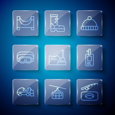 Buz yüzeyi, kablo araba, kış balıkçılığı, şapka, kar yığınları, kayak gözlükleri, paten parkı ve kimlik kartı ikonu. Vektör