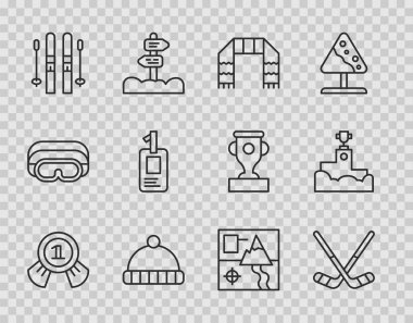 Set hattı madalyası, buz hokeyi sopası, eşarp, şapka, kayak ve kimlik kartı katlanmış harita ve ödüllü podyum ikonu. Vektör