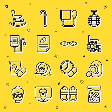 Yanlış çeneyi cama, işitme cihazına tekerlekli sandalyeye, tansiyona, tıbbi reçeteye, serum torbasına, Sallanan ve Gözlük ikonuna yerleştir. Vektör