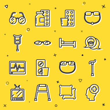 Hastane, baston baston, büyükanne, hap paketi, gözlük, koltuk değneği ya da koltuk değneği ve yatak ikonu. Vektör