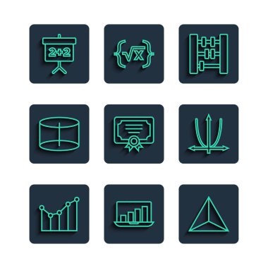 Çizgi çizelgesi, çizelgesi, çizelgesi, diyagramı, grafikli dizüstü bilgisayarı, Geometrik figürü, tetrahedron, Abacus, Sertifika şablonu, silindir, karton ve simgeyi ayarla. Vektör