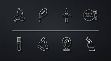 Mide ekşimesi, tüp ve matara, biyosağlıklı yiyecekler, yaprak, virüs, yaprak ya da yapraklı konum, mikroskop ve rüzgar türbini ikonu. Vektör