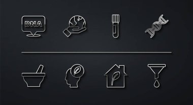 Hat DNA sembolü, havan ve tokmak, çevre dostu ev, içinde yaprak olan insan kafası, Dünya küresi tutan el, huni filtresi ve test tüpü ikonu. Vektör