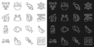 Konserve balık, balık zıpkını, suşi, yengeç, ıstakoz ve midye ikonu. Vektör