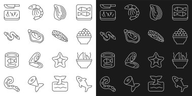 Köpek balığı, yüzgeç çorbası, havyar, midye, yılan balığı, kesme tahtası, bıçak ve balık biftek ikonu. Vektör