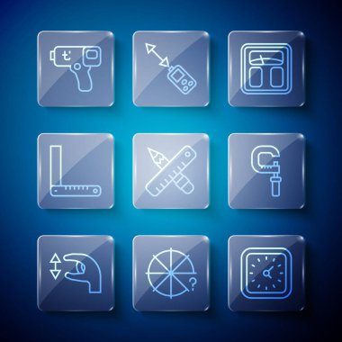 Çizgi ölçümleri, parçalar çemberi, saat, banyo terazisi, çapraz cetvel ve kalem, köşe, dijital termometre ve mikrometre simgesini ayarla. Vektör