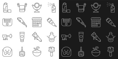 Tıraş fırçası, berber önlüğü, elektrikli saç makası, yuvarlak makyaj aynası, jöle köpük ve saç kesim günü ikonlu takvim. Vektör