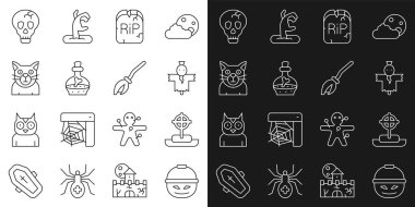 Tatlı için çizgi Balkabağı sepeti, haçlı Tombstone, Korkuluk, RIP yazılı şişe iksiri, Kedi, Kafatası ve Cadı süpürgesi ikonu. Vektör