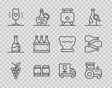 Bir sürü üzüm, traktör, fermantasyon, şarap için tahta fıçı, şarap kadehi, şişe kutusu, kamyon ve ikon. Vektör