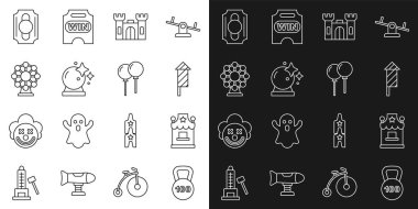 Hat ağırlığı, bilet gişesi, havai fişek roketi, kale, sihirli top, dönme dolap, sirk bileti ve kurdele ikonlu balonlar. Vektör