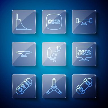 Çizgi, kırık kaykay, kaykay, Y-aracı, tekerlek, miğfer, park ve ikon. Vektör