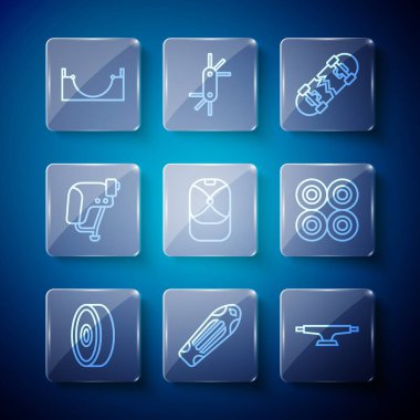 Çizgili kaykay topu yatağı, güverte, tekerlek, kırık kaykay, beyzbol şapkası, miğfer, park ve ikon. Vektör