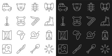 Güneş ışığı, kamp feneri, avcı botları, Çıyan böceği, gergedan, ok, araba ve İsviçre çakısı ikonu. Vektör