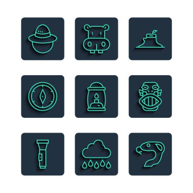 El feneri, yağmurlu bulut, Yılan, Ağaç kütüğü, Kamp feneri, pusula, şapka ve Meksika mayası ya da Aztek maskesi ikonu. Vektör