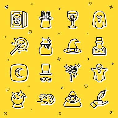 Sihirli taş, Hayalet, iksirli şişe, ortaçağ kadehi, cadı kazanı, değnek, Tarot kartları ve şapka ikonu. Vektör
