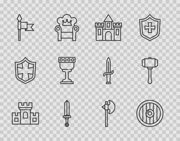 Set line Castelo, fortaleza, escudo de madeira redondo, espada medieval, lança, cálice, machado e ícone de martelo. Vetor — Vetor de Stock