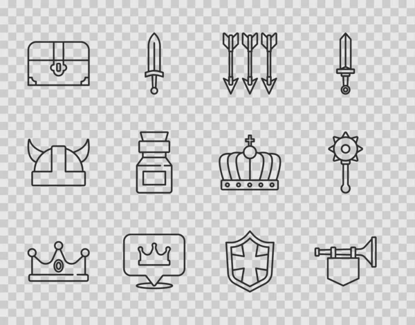 Set line Corona de rey, Trompeta con bandera, Flechas cruzadas, Ubicación rey, Cofre del tesoro antiguo, Botella de veneno, Escudo y Maza encadenada medieval icono de la bola. Vector — Archivo Imágenes Vectoriales