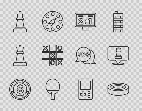 Сет-лайн Казино чип с долларом, Checker игровые фишки, Спорт механический табло, ракетка, шахматы, Tic Tc Toe, тетрис и значок. Вектор — стоковый вектор