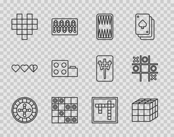 ラインを設定するカジノルーレットホイール、ルービックキューブ、バックギャモンボード、チェッカーのボードゲーム、ピクセルハート、トイビルディングブロックレンガ、ビンゴ、チックタックつま先のアイコン。ベクトル — ストックベクタ
