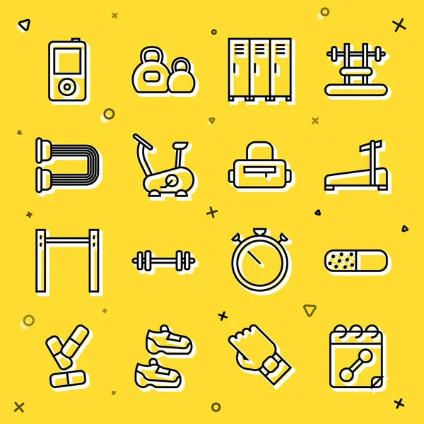 Set line Calendar fitness, Vitamin pill, Treadmill machine, Locker or changing room, Stationary bicycle, Chest expander, Music player and Sport bag icon. Vector — Stock Vector