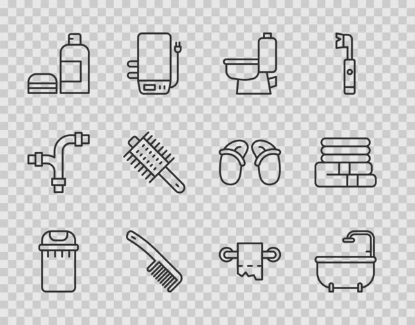 Встановити лінію Trash can, Bathtub, Toilet чаші, Hairbrush, Bottle of shampoo, паперовий рулон і іконку стеку Towel. Вектор — стоковий вектор