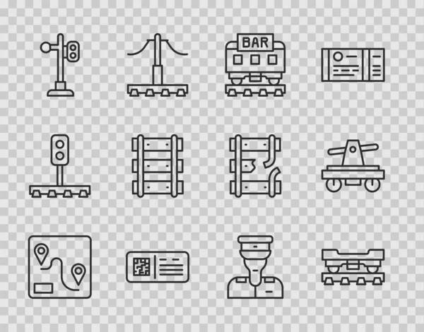Állítsa be a vonal Útvonal helyét, Cargo vasúti kocsi, Étterem, QR kód jegy, Vonat közlekedési lámpa, Vasút, vasúti pálya, karmester és Draisine kézikocsi ikon. Vektor — Stock Vector
