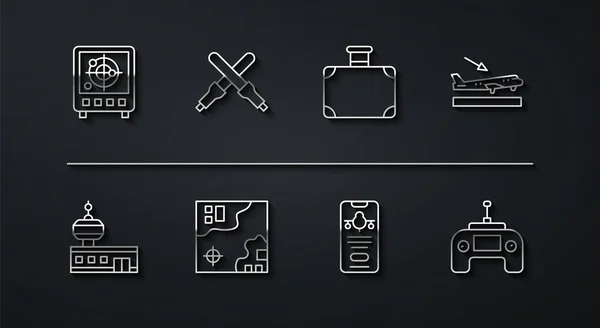 Definir linha Radar com alvos no monitor, torre de controle do aeroporto, pouso de avião, bilhete móvel, mapa de viagem do mundo, varinhas de Marshalling, Drone remoto e ícone da mala. Vetor — Vetor de Stock