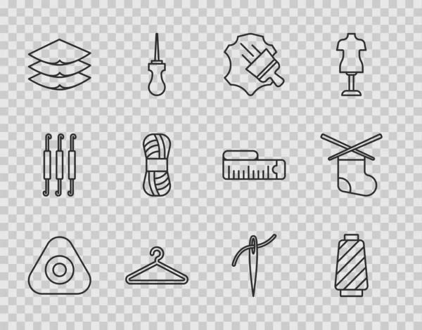 Sewing 분필 라인, 실감개 , Leather, Hanger 의상, 계층 의류 직물 , Yarn, Needle with needle icon. Vector — 스톡 벡터
